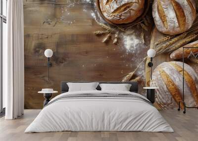 Bread bakery background top food view fresh white wheat loaf. Background food flour bakery top bread slice pastry brown breakfast bake organic cut table french grain baguette board wood whole wooden Wall mural